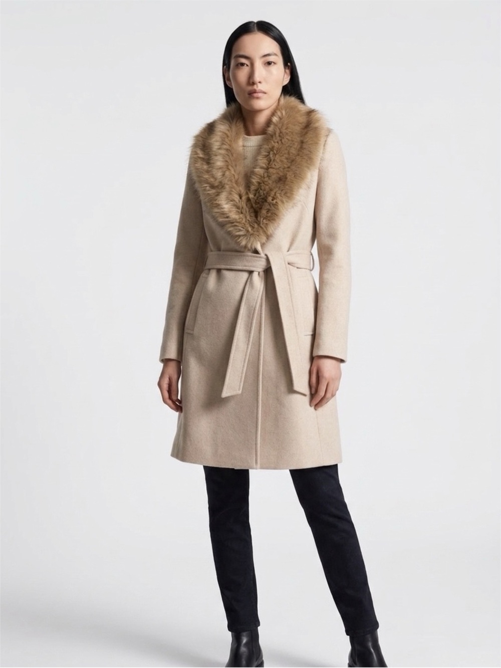 Zara Cream Coat with Faux Fur Collar